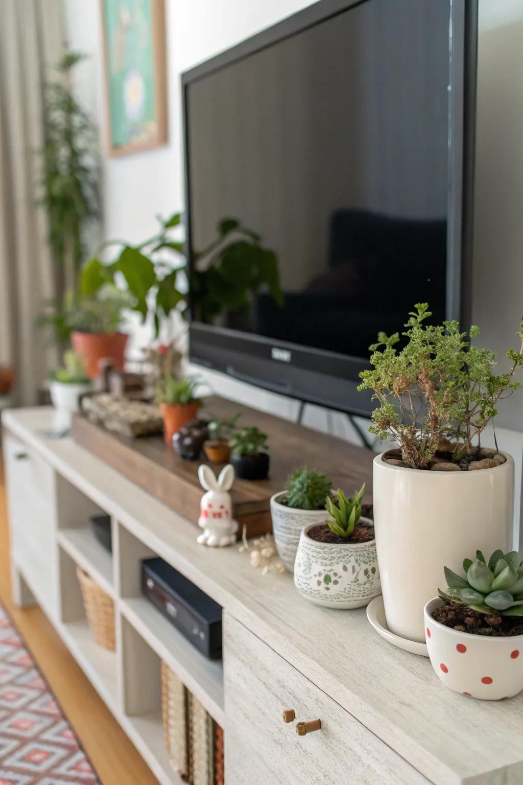 Plants and decor bring warmth and personality to your TV stand.