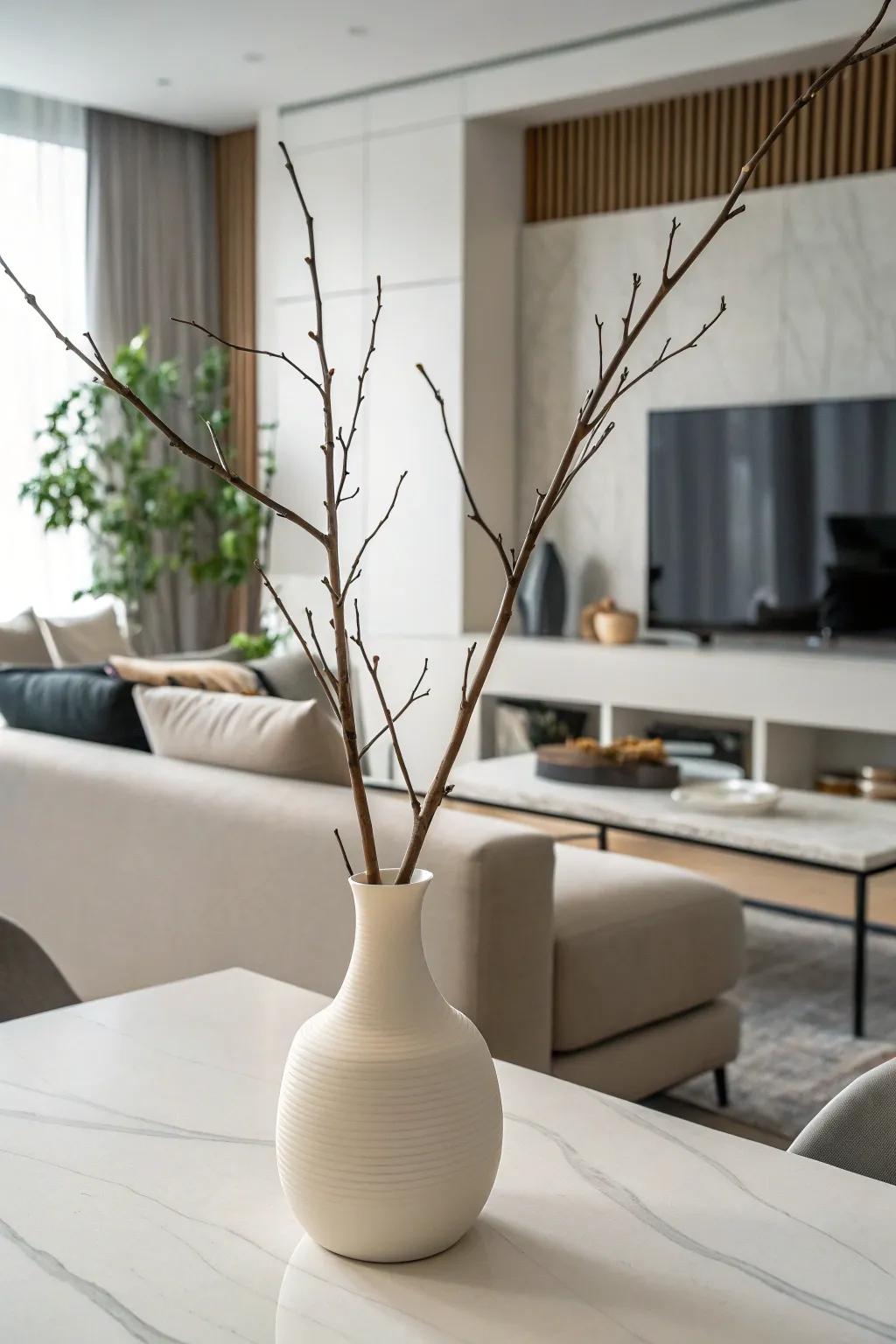 A simple arrangement of branches inside a porcelain jar.