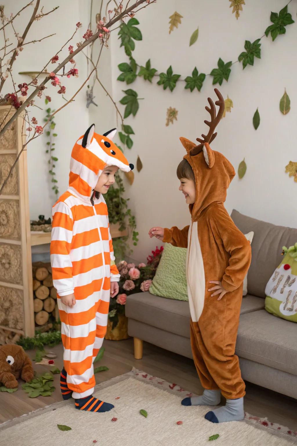 Into the forest: twins as a fox and a deer.