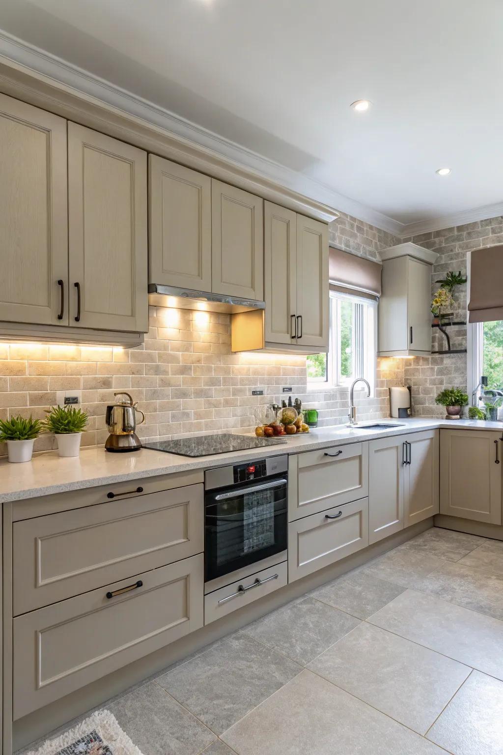 A soothing kitchen setting with harmonious neutral backsplash tones.
