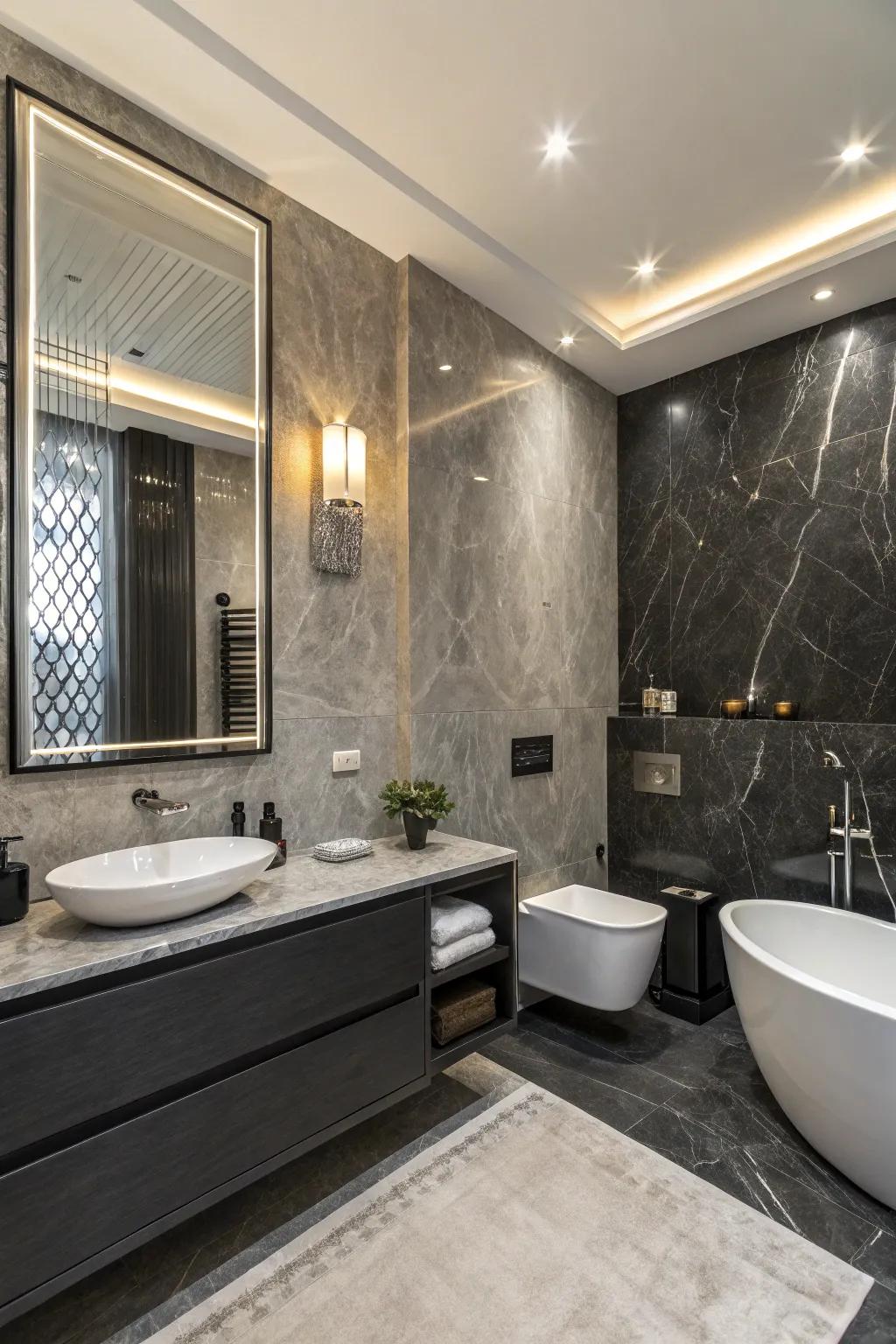 A trendy charcoal and silver two-tone wall look that shows off modern style.