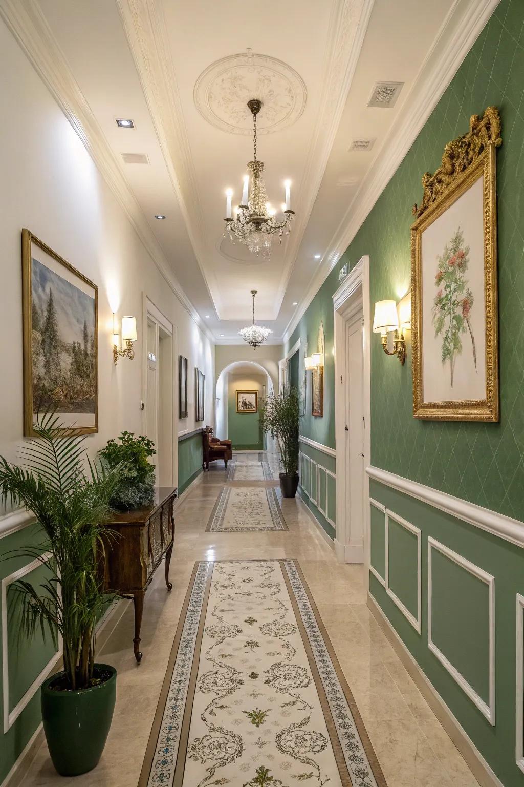 Emerald and snow white tones craft a welcoming entryway flow.