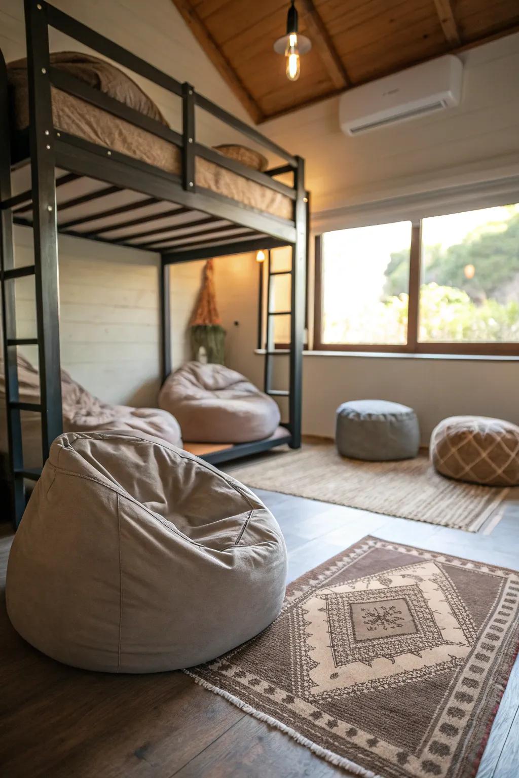 A comfortable relaxing spot under the bunk bed.