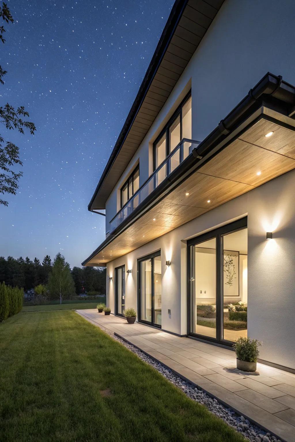 Modern lighting introduces a sleek element to the under-eave lighting arrangement.