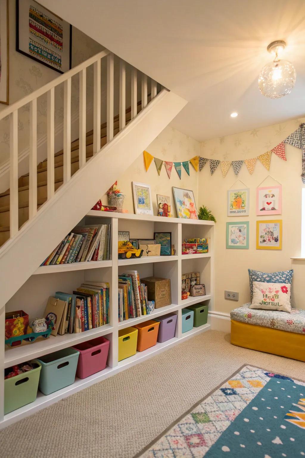A fun and tidy kids' storage area.