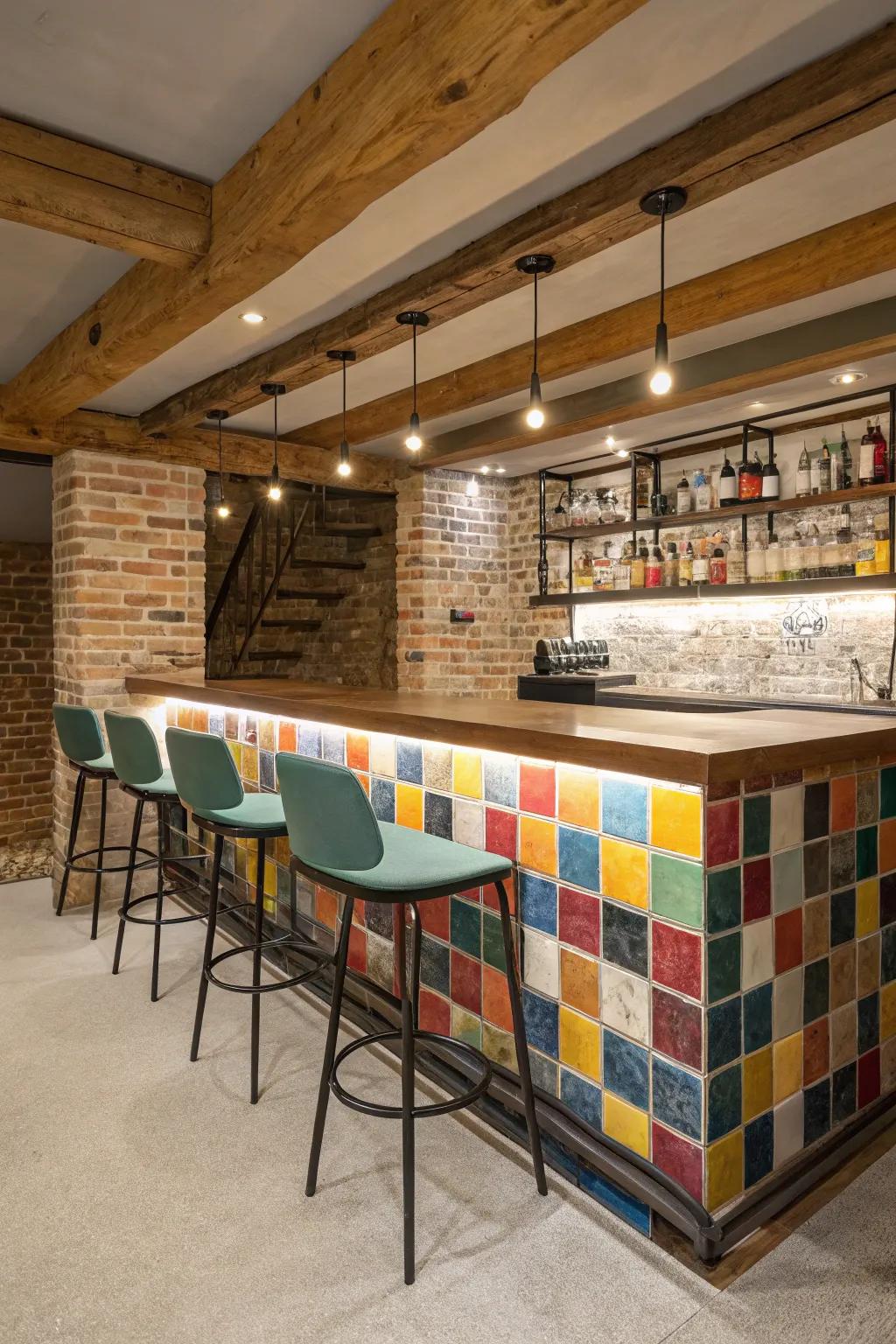 A striking backsplash introduces a touch of character to the bar.