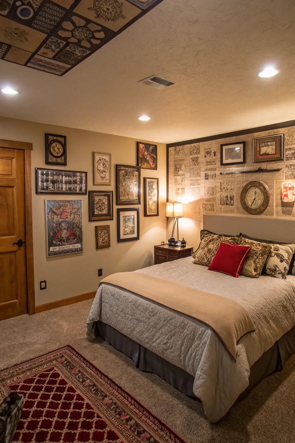 Art and panels can bring personality and vibrancy to your basement bedroom.