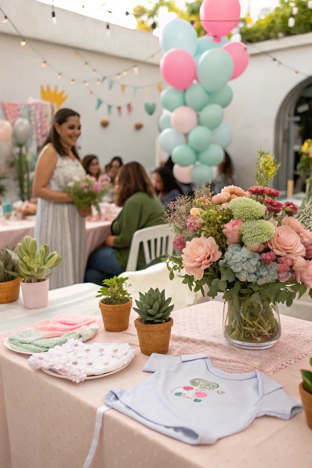 Lush floral designs presenting a blend of actual and imitation blooms.