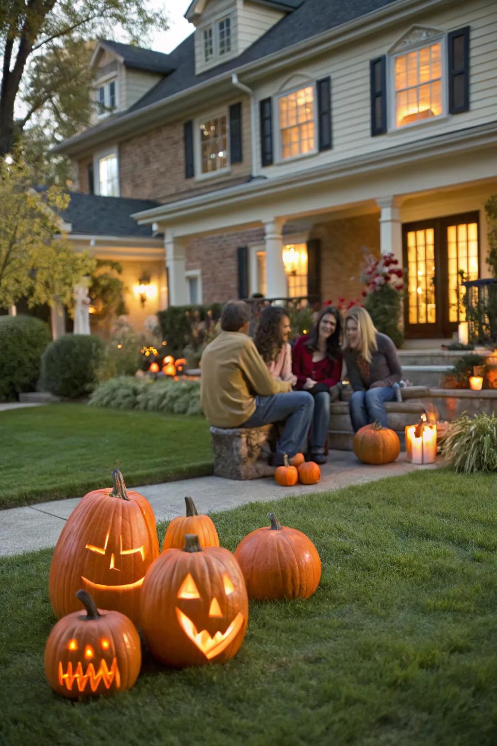 A delightful mini scene carved from pumpkins depicting a family gathering.