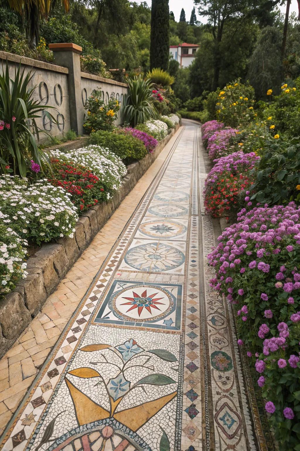 Mosaic paths reinvent a garden into a landscape of artistic expression.