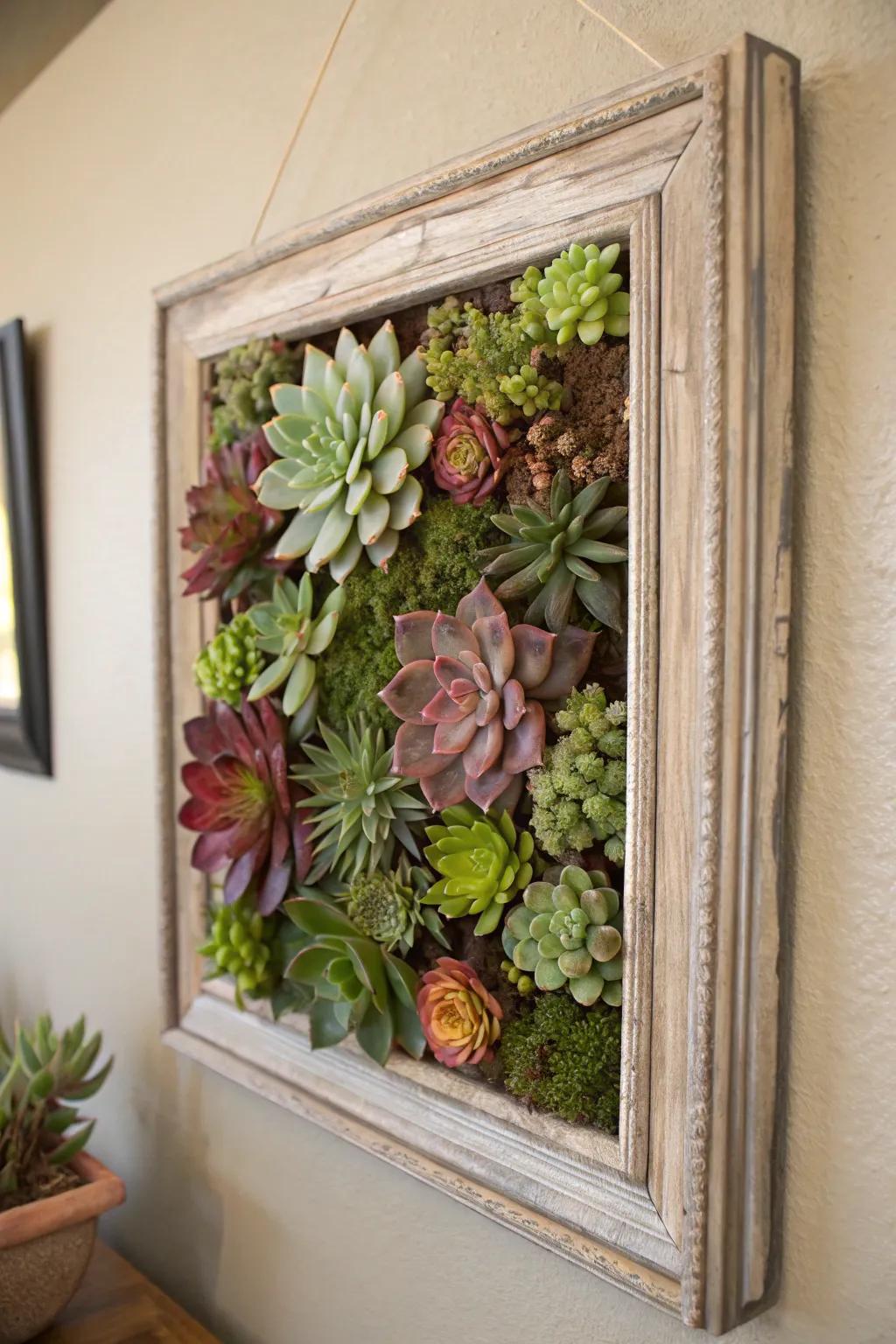 A vibrant artistic expression: succulents arranged within a framed vertical garden.