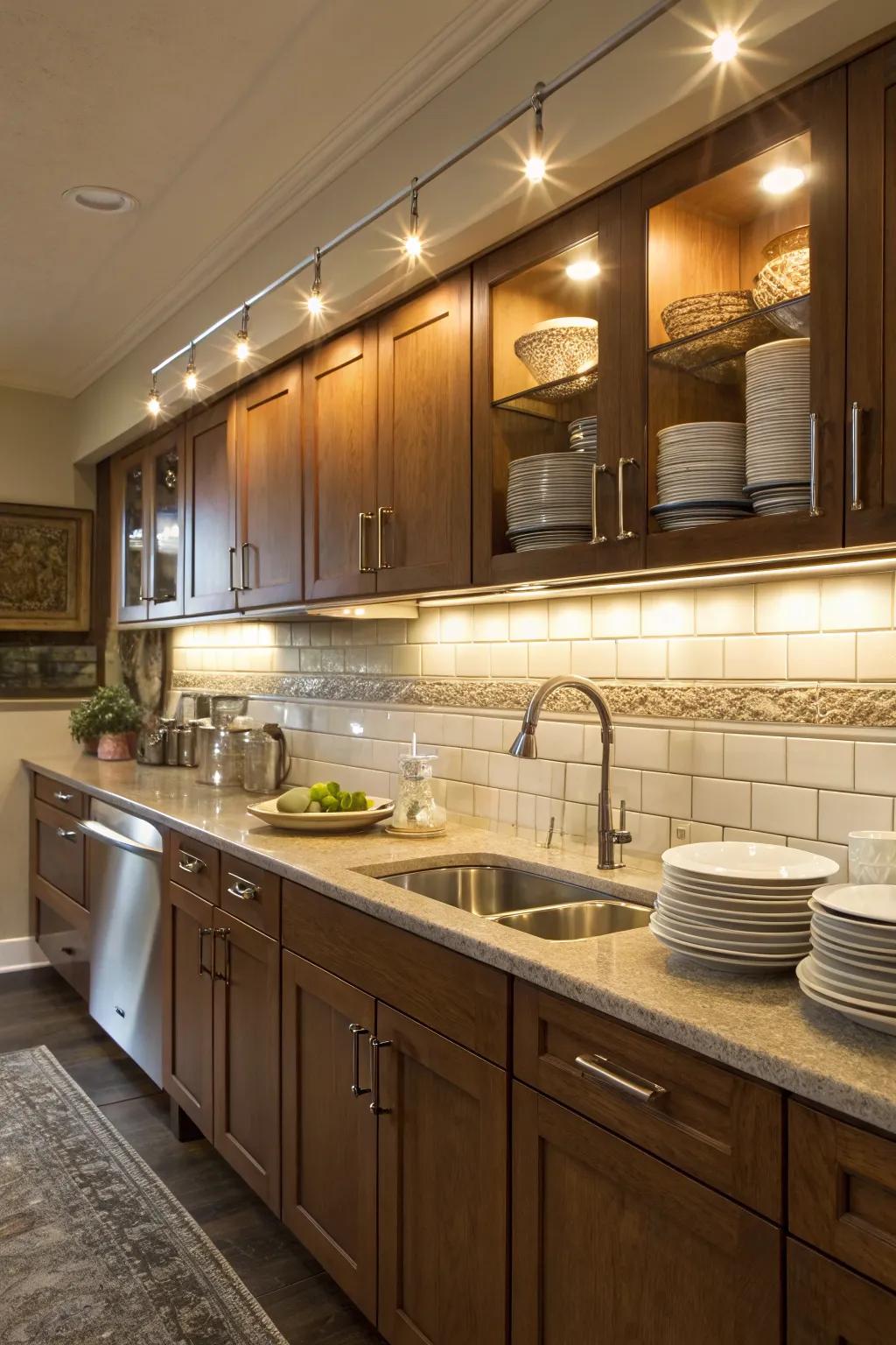 Rail lighting provides practical illumination for kitchen tasks.