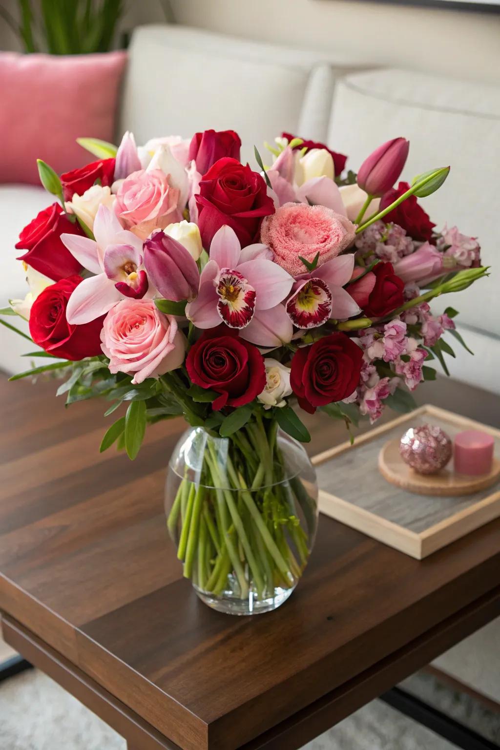 A bouquet of vibrant tulips, roses, and orchids.
