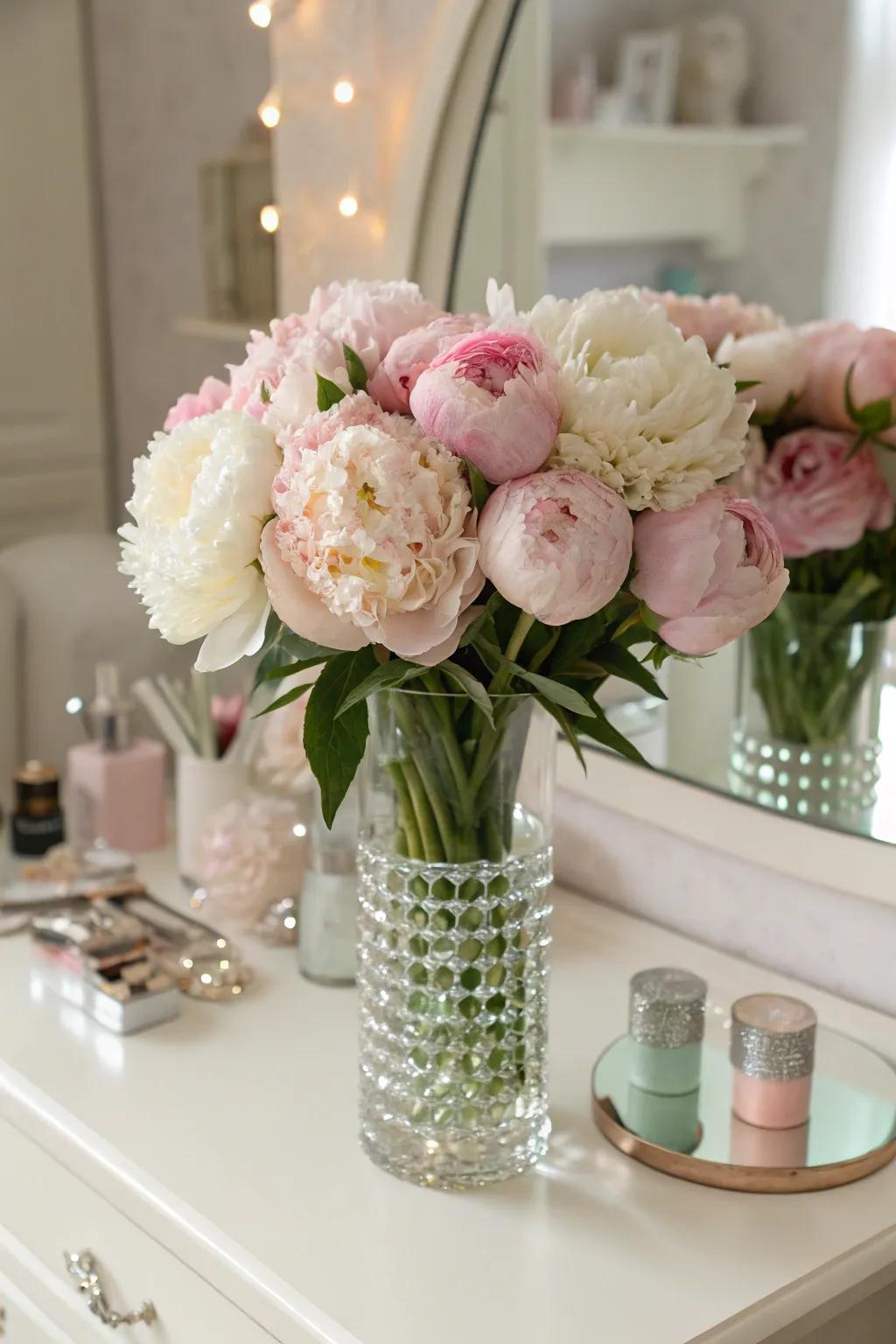 Romantic peony bouquet adding elegance to a vanity.