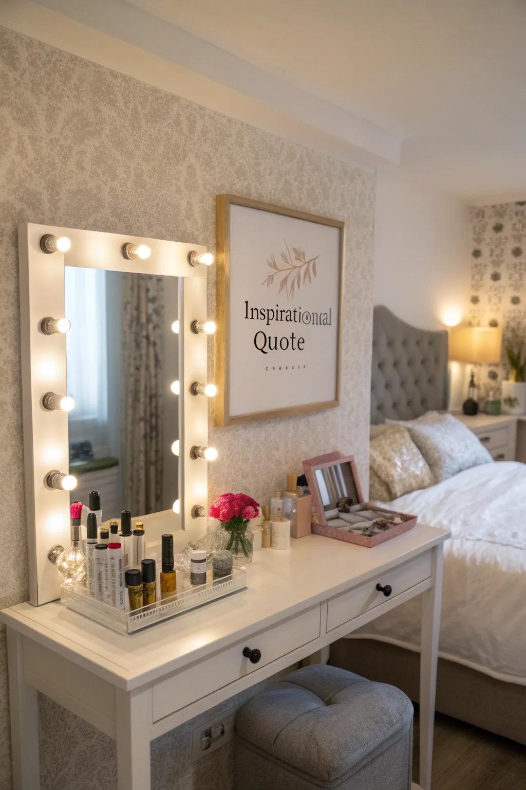 Uplifting wall art personalizes your vanity.