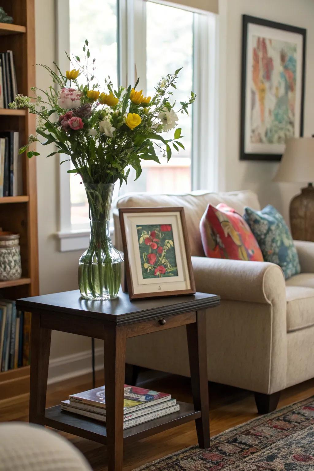 Vases and artwork together fashion a creative nook in the house.