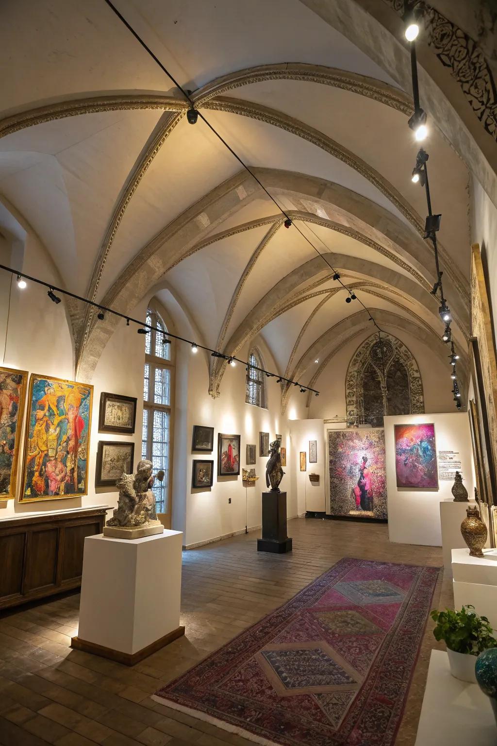 Feature lighting highlights artwork and architectural features.