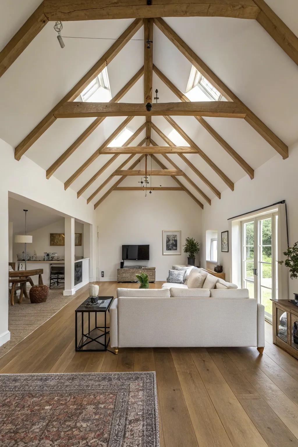 Contemporary simplicity achieved with narrow beams on a vaulted ceiling.