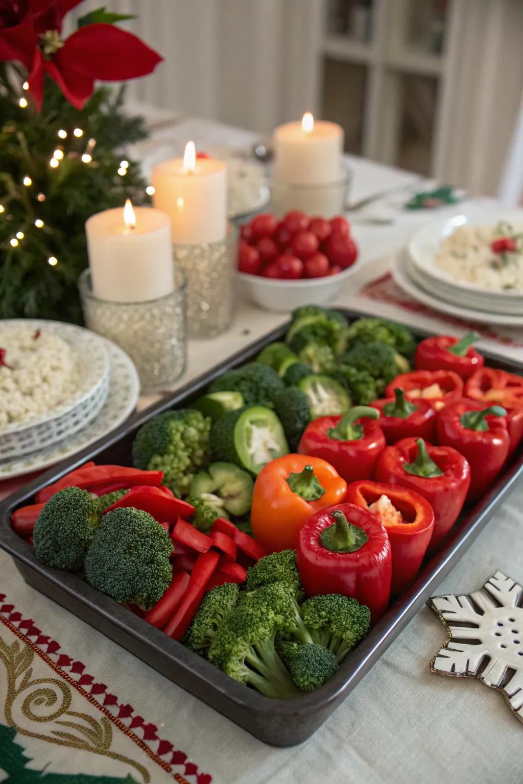Holiday-inspired vegetable arrangement showcasing festive shades.