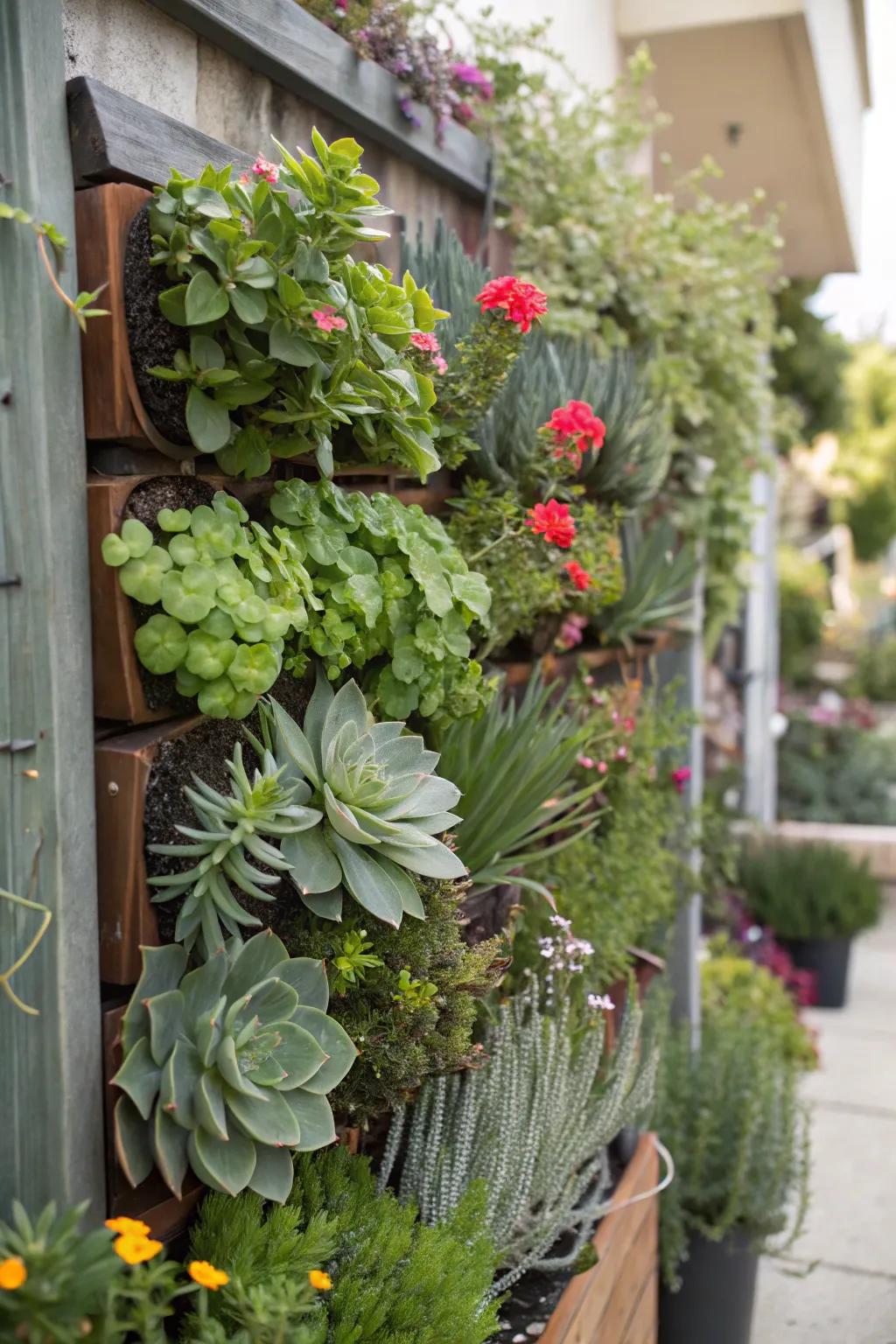 An upright garden displaying a mix of succulents, herbs, and flowers.