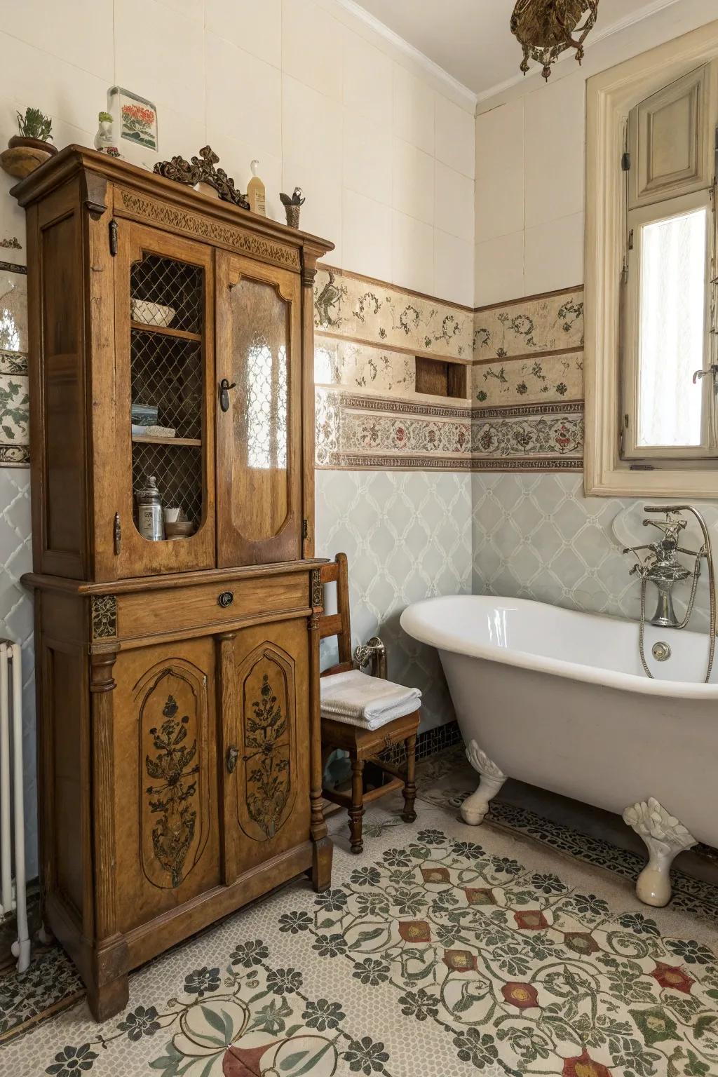 Separate cupboards inject earthy charm into retro bathrooms.