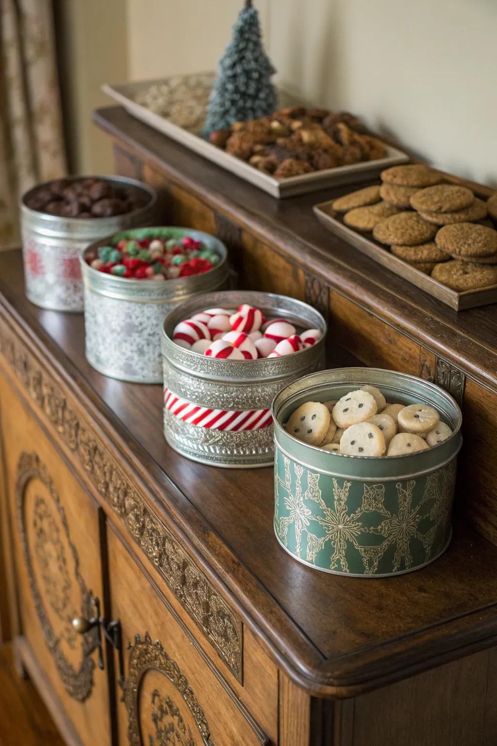 Charming tin containers make perfect holiday gift holders.