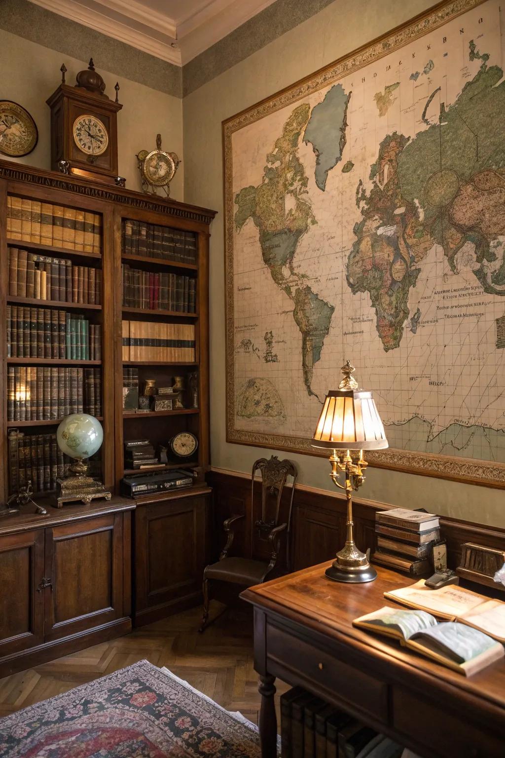 A classic world map infuses a historical nuance into the study chamber.