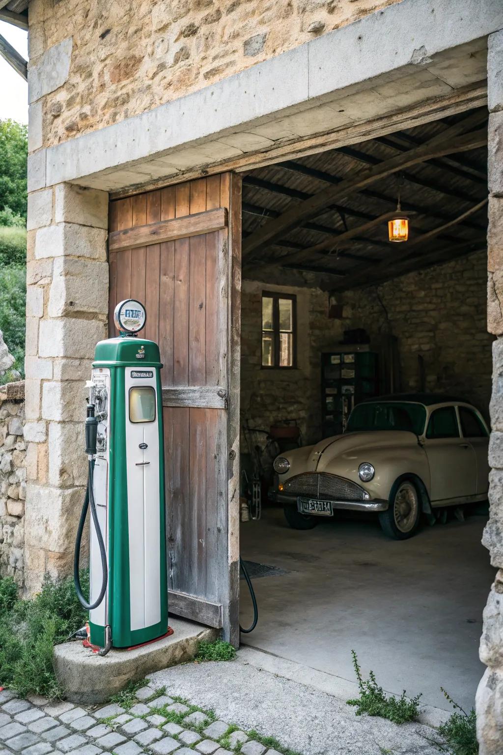 An ancient fuel dispenser functions as a stunning sentimental centerpiece.