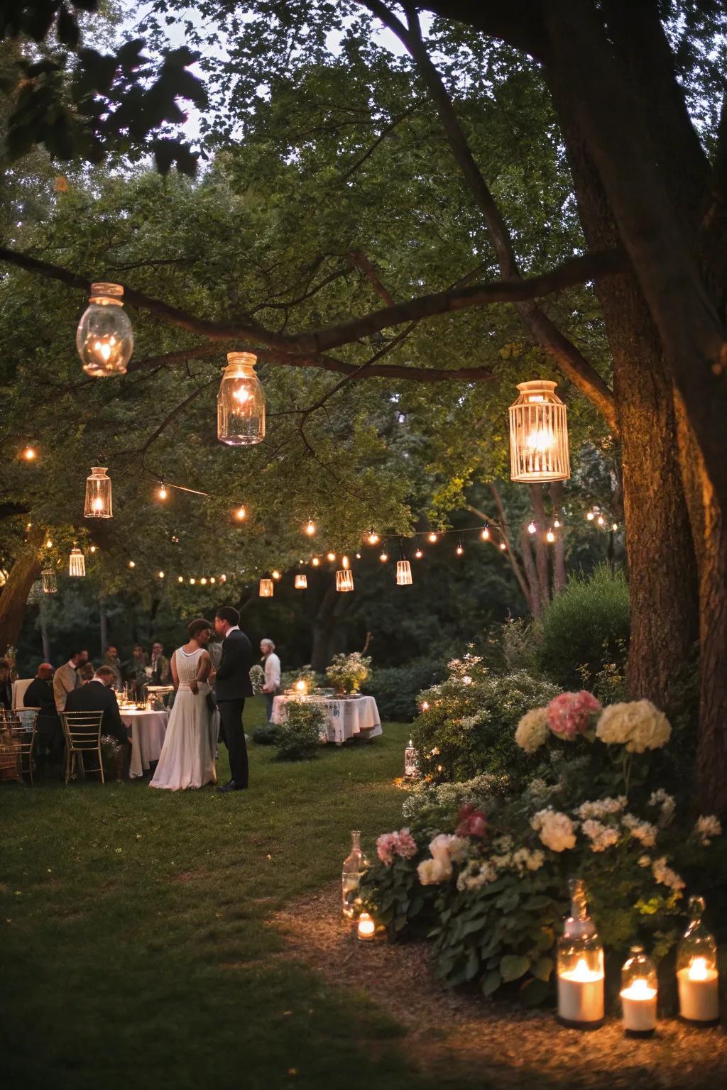 Mason jar lanterns create an enchanting glow at a vintage party.