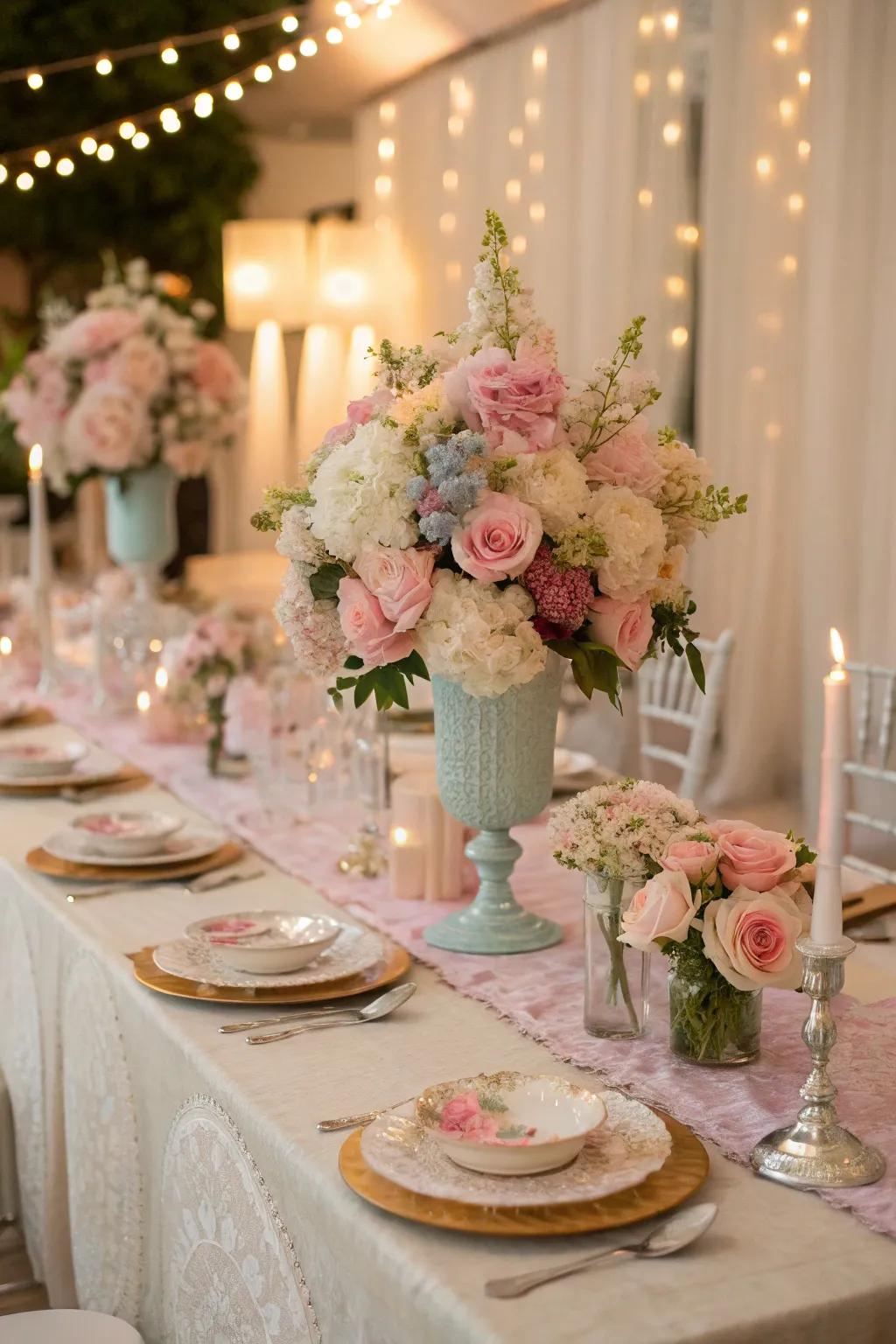 Refined light hued flower table centerpieces enhancing the celebration’s charm.