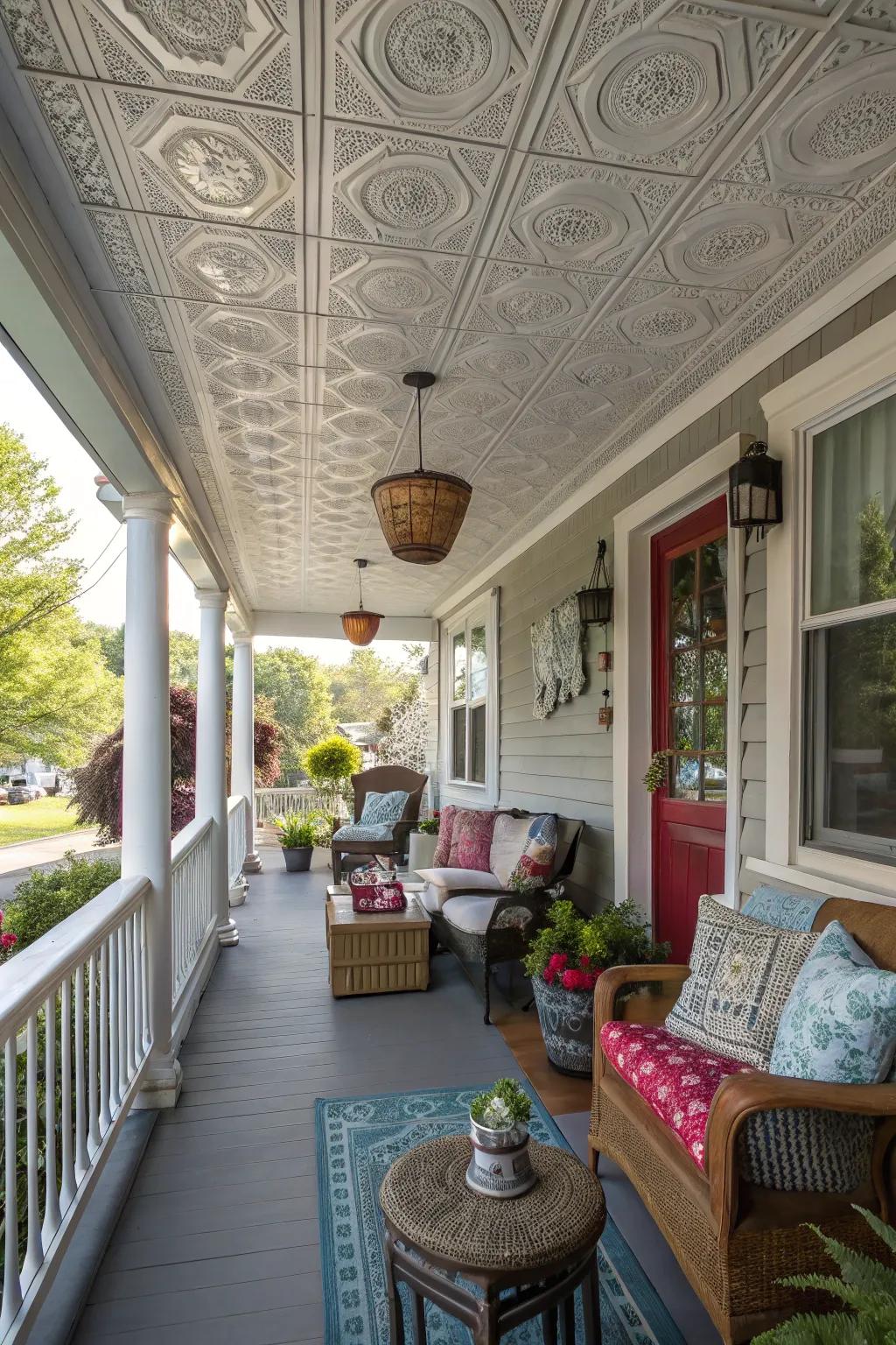 Blending vinyl textures appends depth and intrigue to porch ceilings.