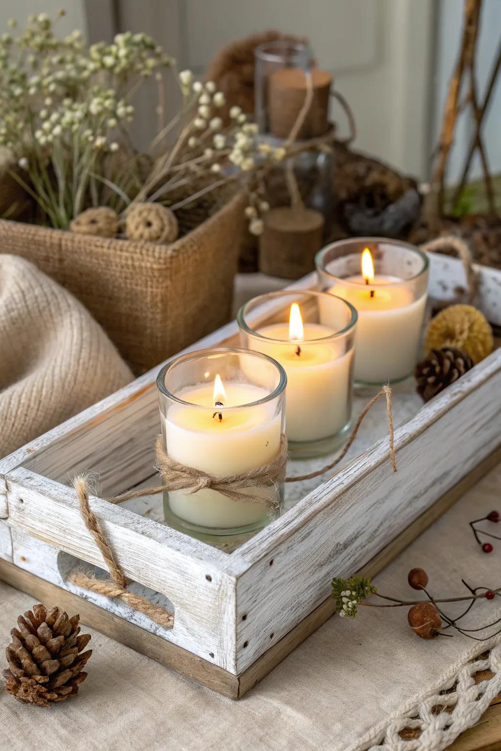 A wooden plate introduces country charm to votive candle displays.