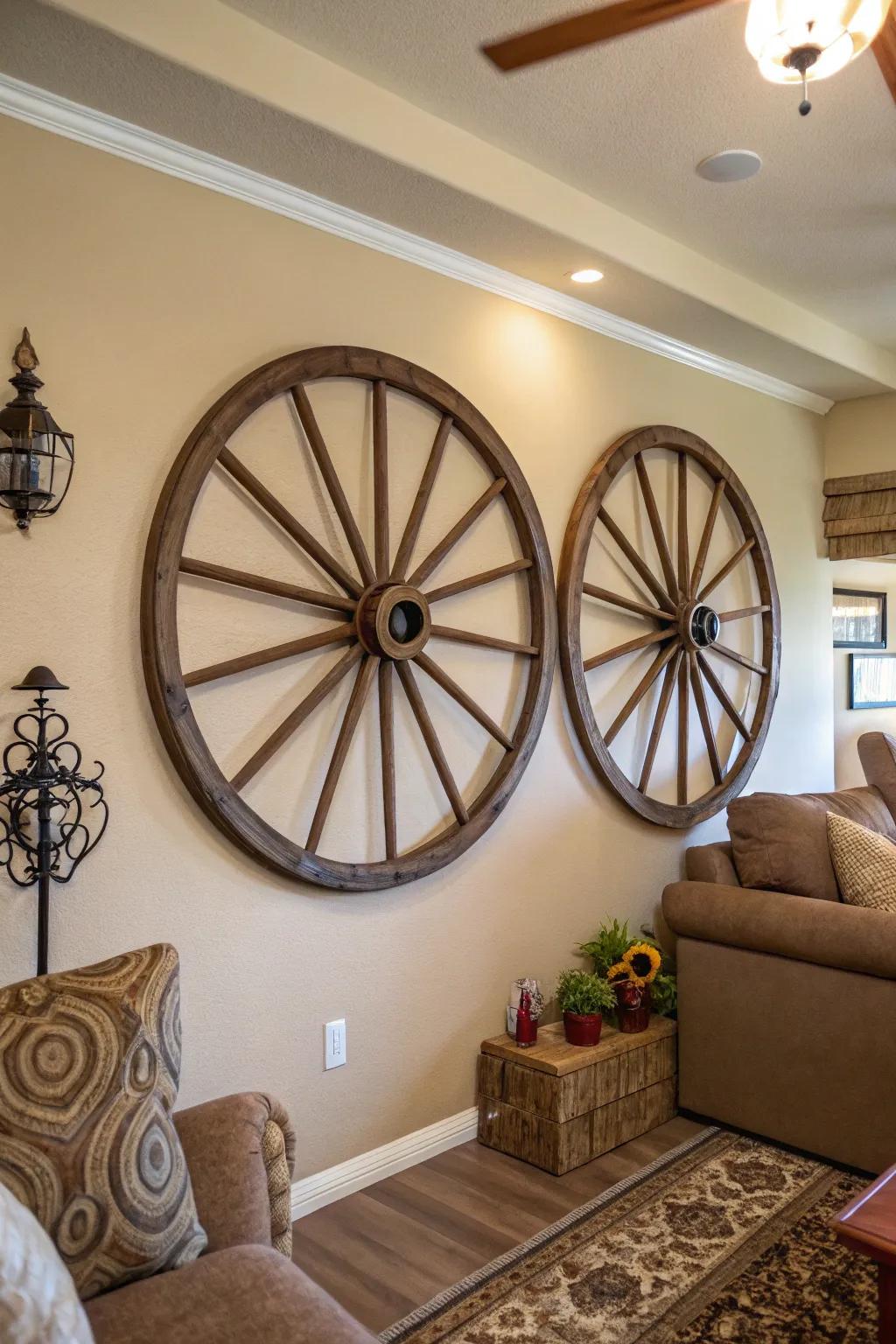 These grouped cartwheels produce a harmonious display in this living space.