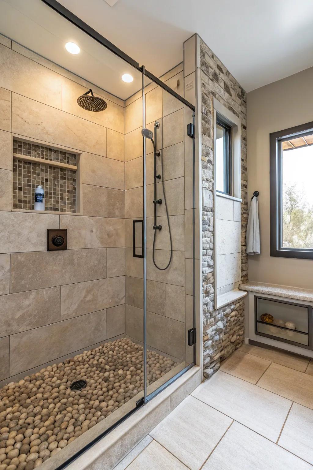 Mixing materials adds a unique charm and depth to your shower.