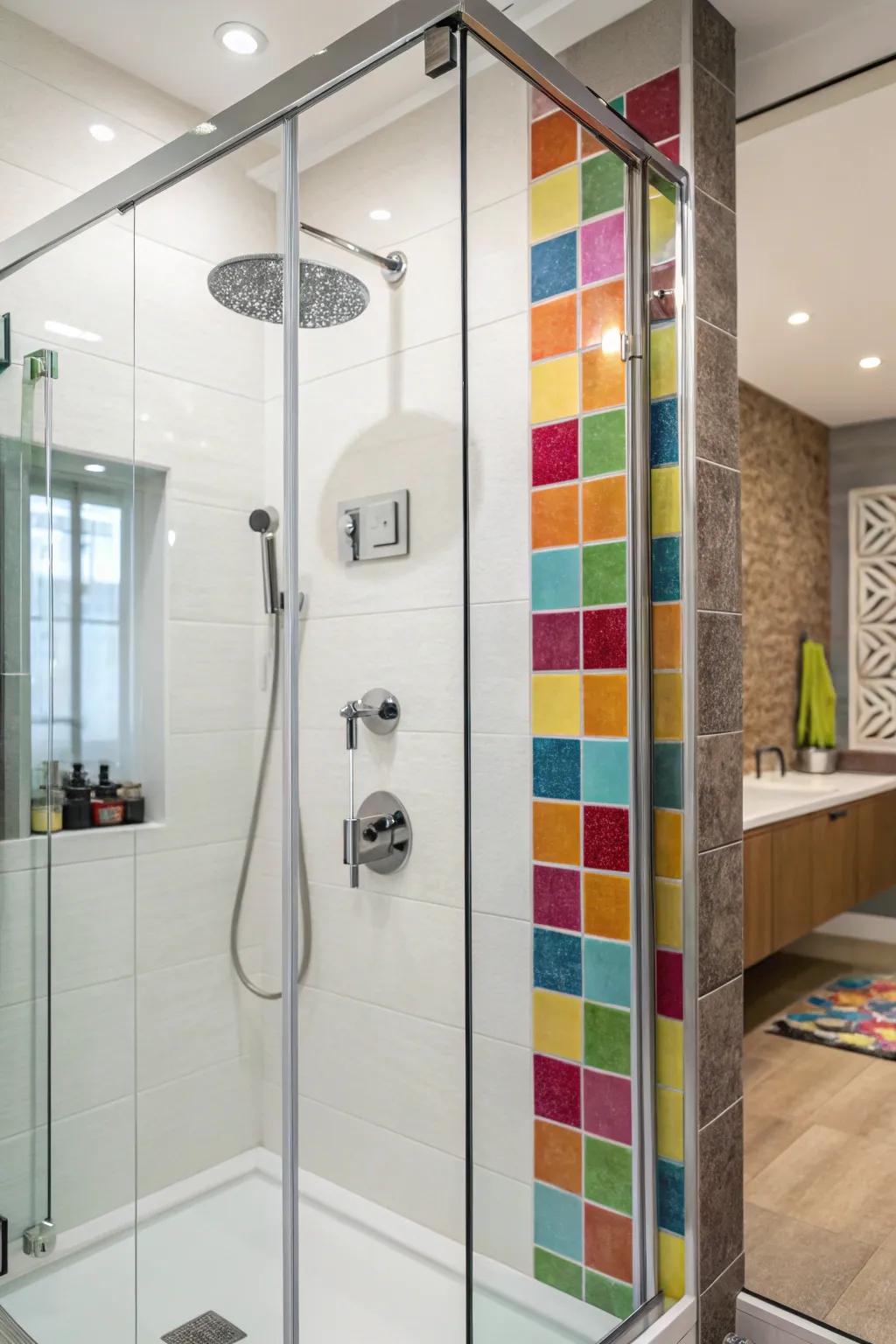 Highlight tiles contribute color and character to this walk-in shower.