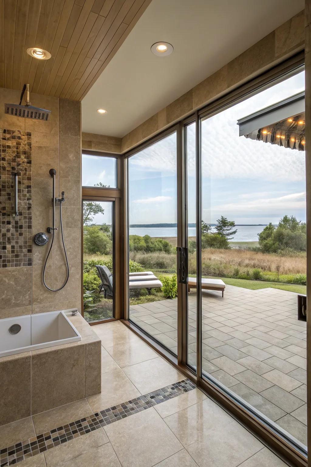 Floor-to-ceiling windows in a walk-in shower, offering a grand, immersive bathing experience.