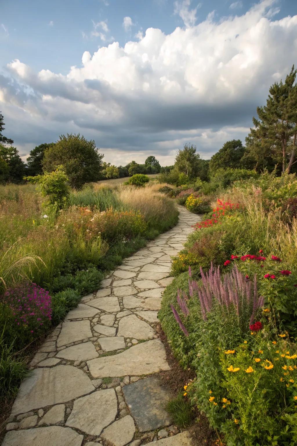 Flagstone paths blend effortlessly into natural environments.