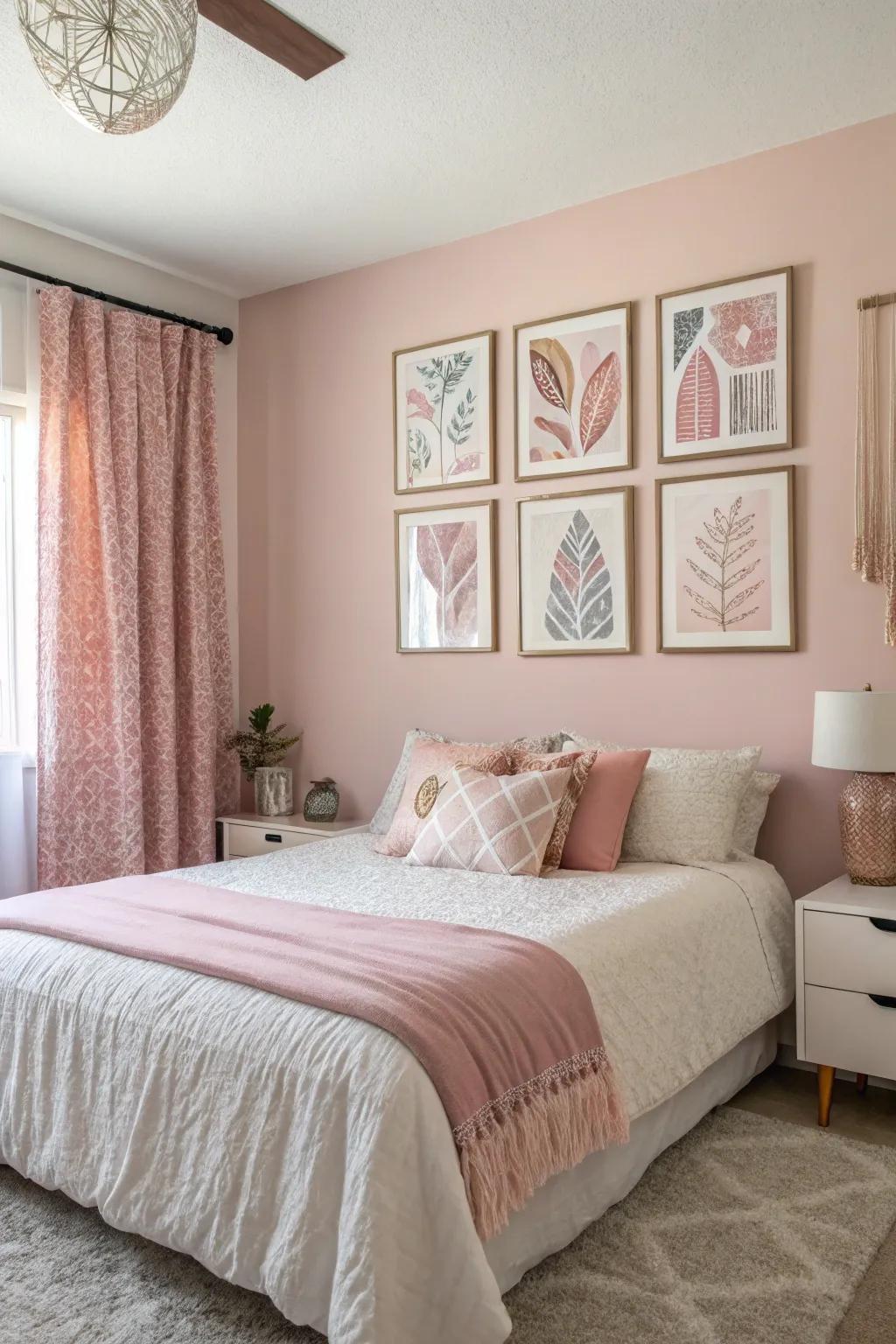 Color-coordinated art enhances the cohesiveness of your bedroom.