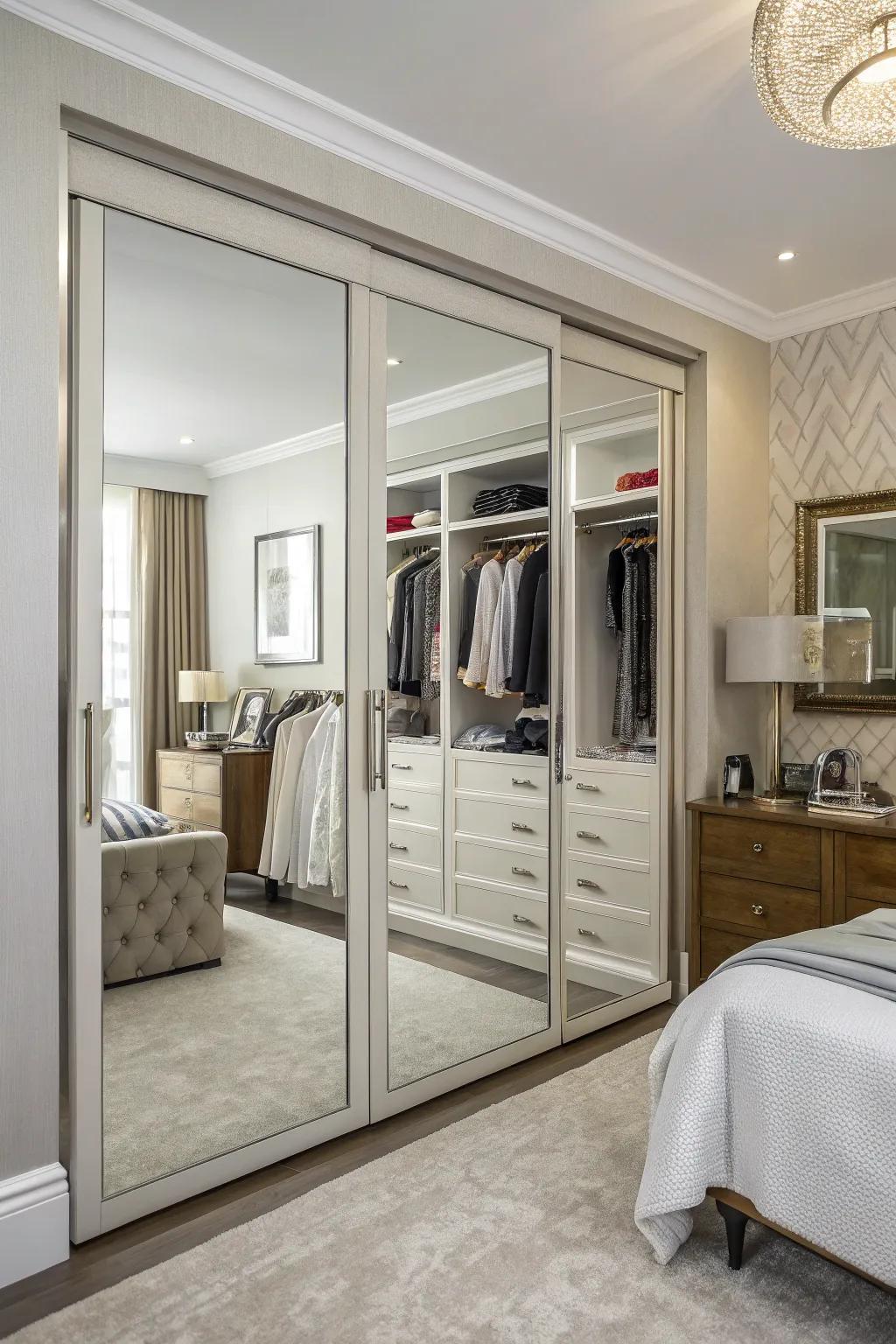 Mirrored doors increase space perception on a wall closet.