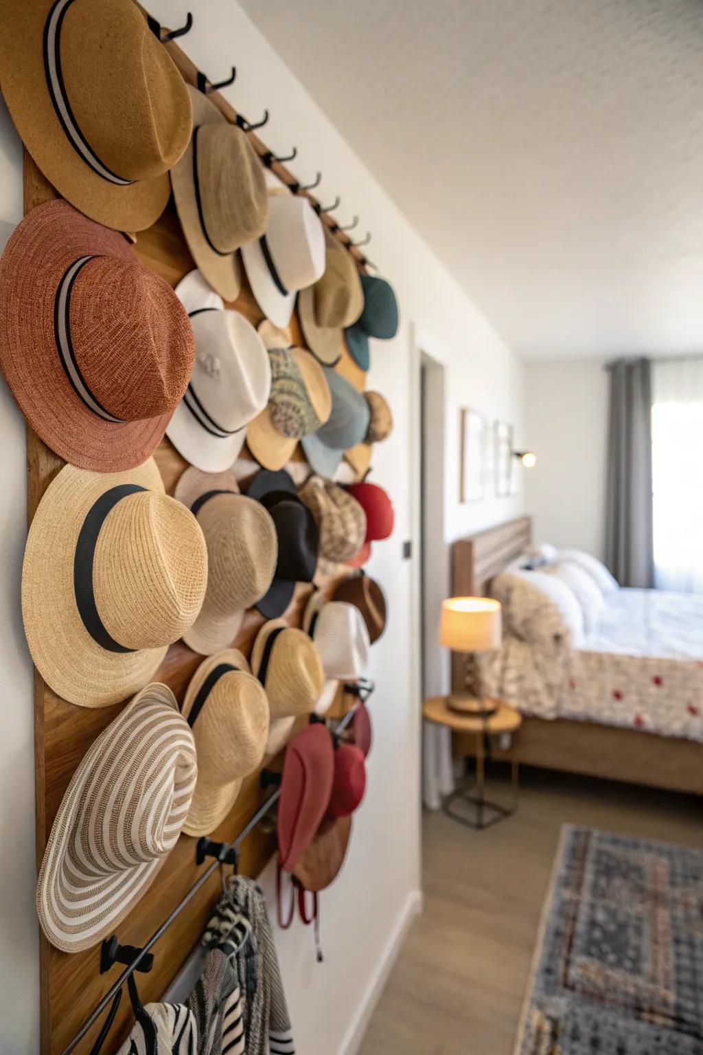 A wall-mounted rack for showcasing a substantial hat collection