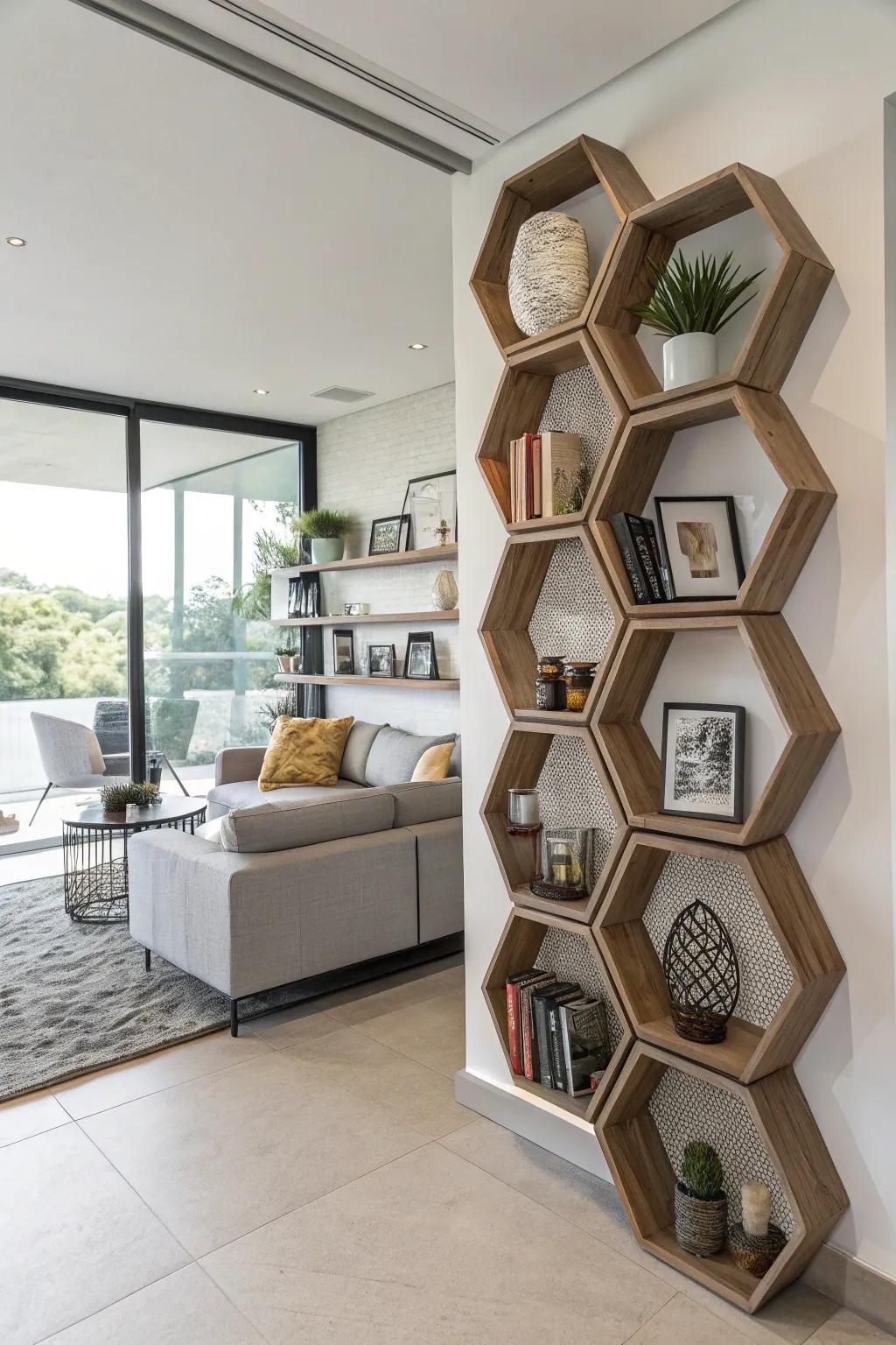 Provoke intrigue with geometrically shaped shelves.
