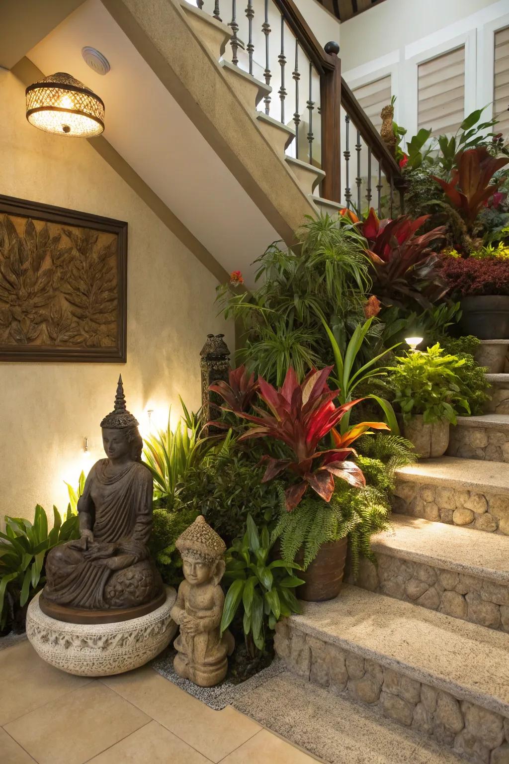 A decorative display under the stairs adds style and refinement.