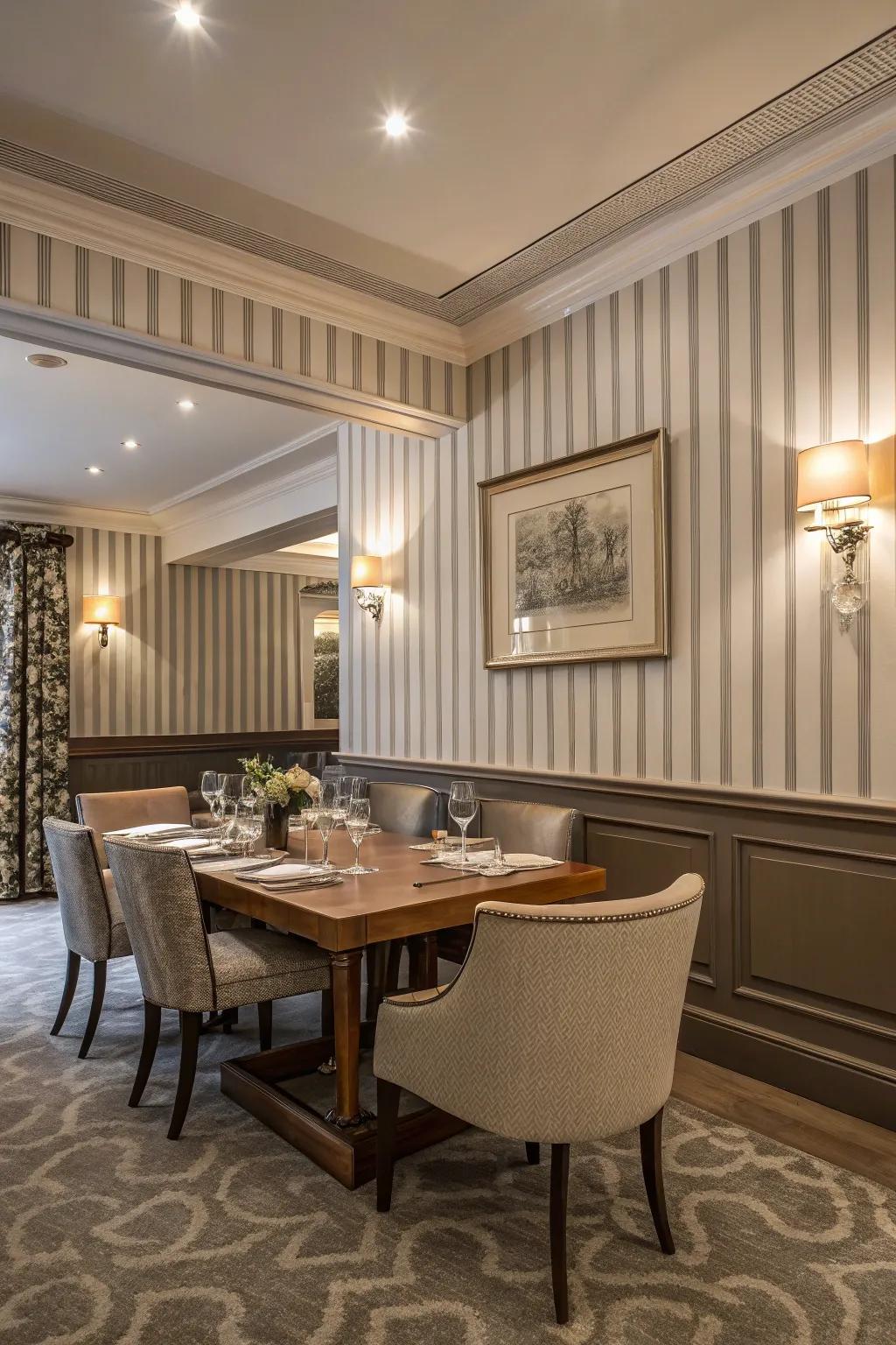 A sophisticated dining room enhanced by a striped wallpaper border.