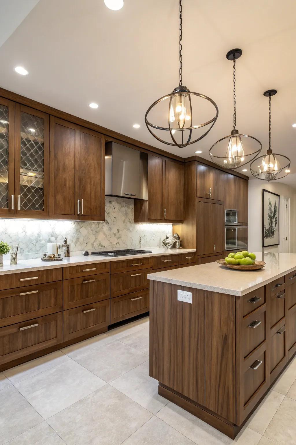 Modern fixtures illuminate the sophistication of darkwood cabinets.