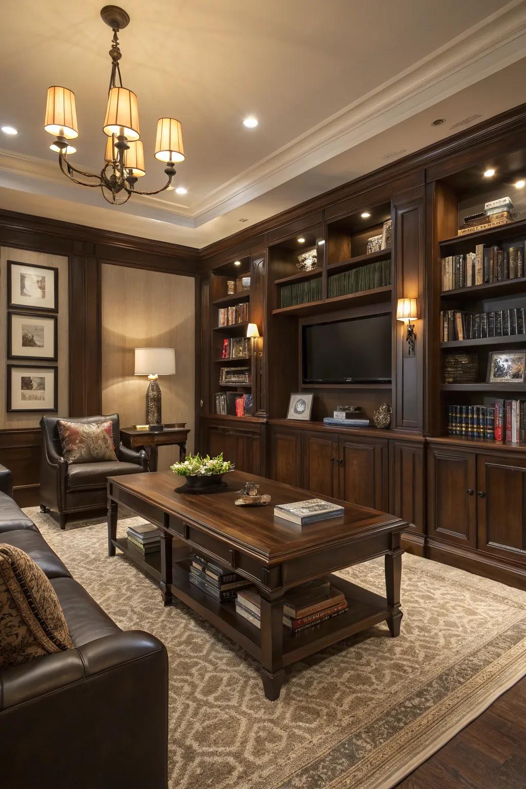 Dark timber pieces provide enduring beauty to your living area.