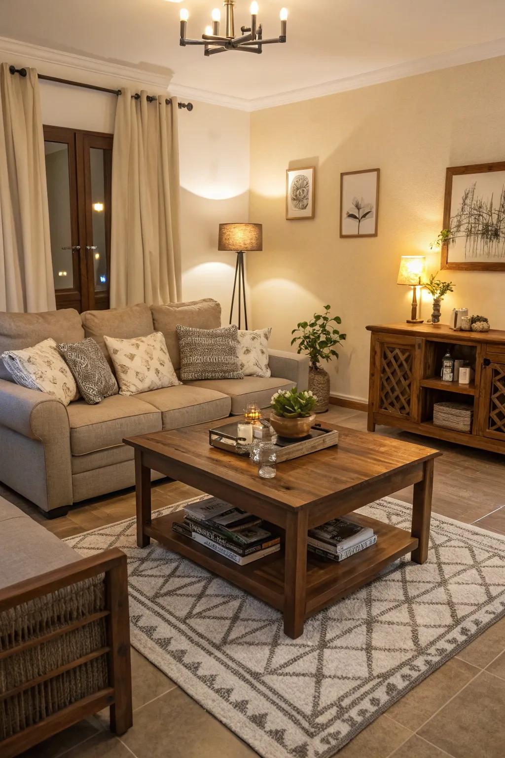Practical furniture strikes a harmonious balance between visual appeal and functionality within a living area.