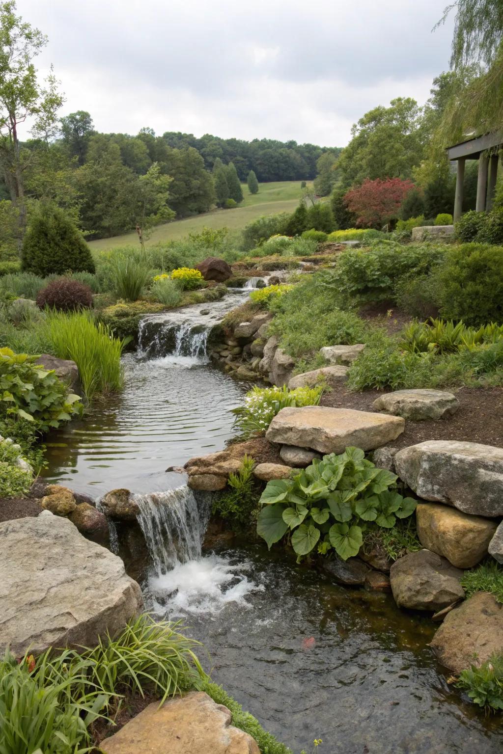 A brook water feature adds a natural flow to your garden.