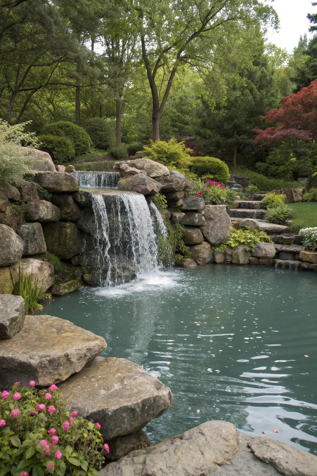 A serene garden pond where a rock water feature flows softly.