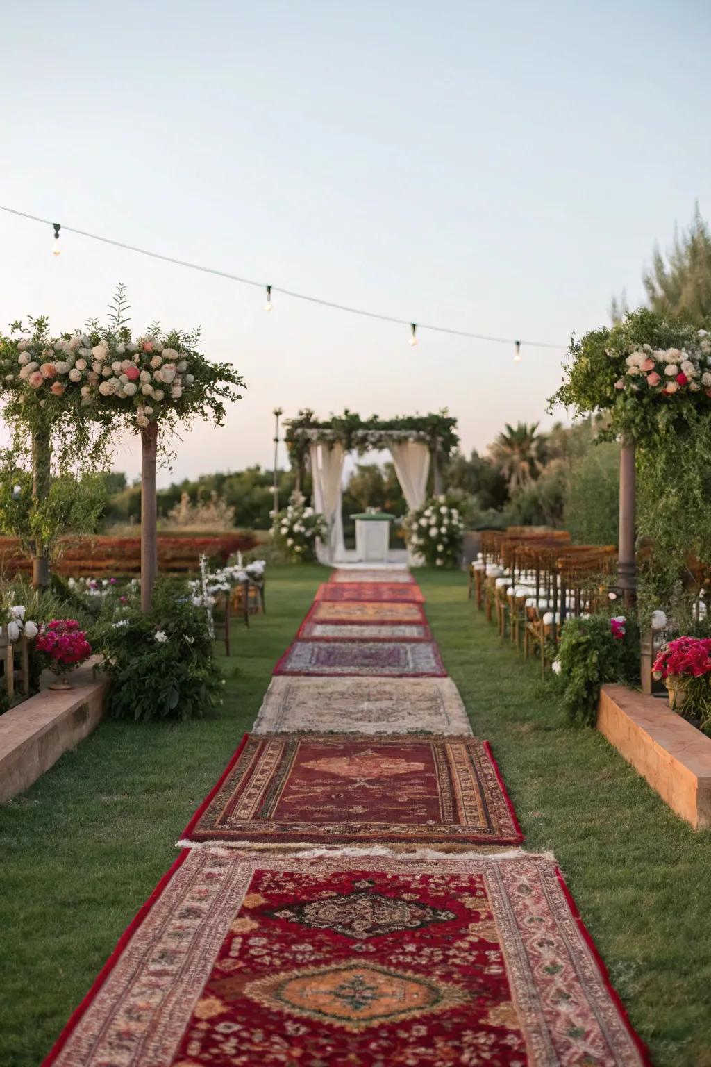 A colorful and textured aisle with layered Persian rugs.