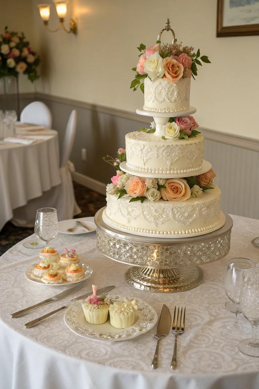 A layered stand enhances the cake's elegance.